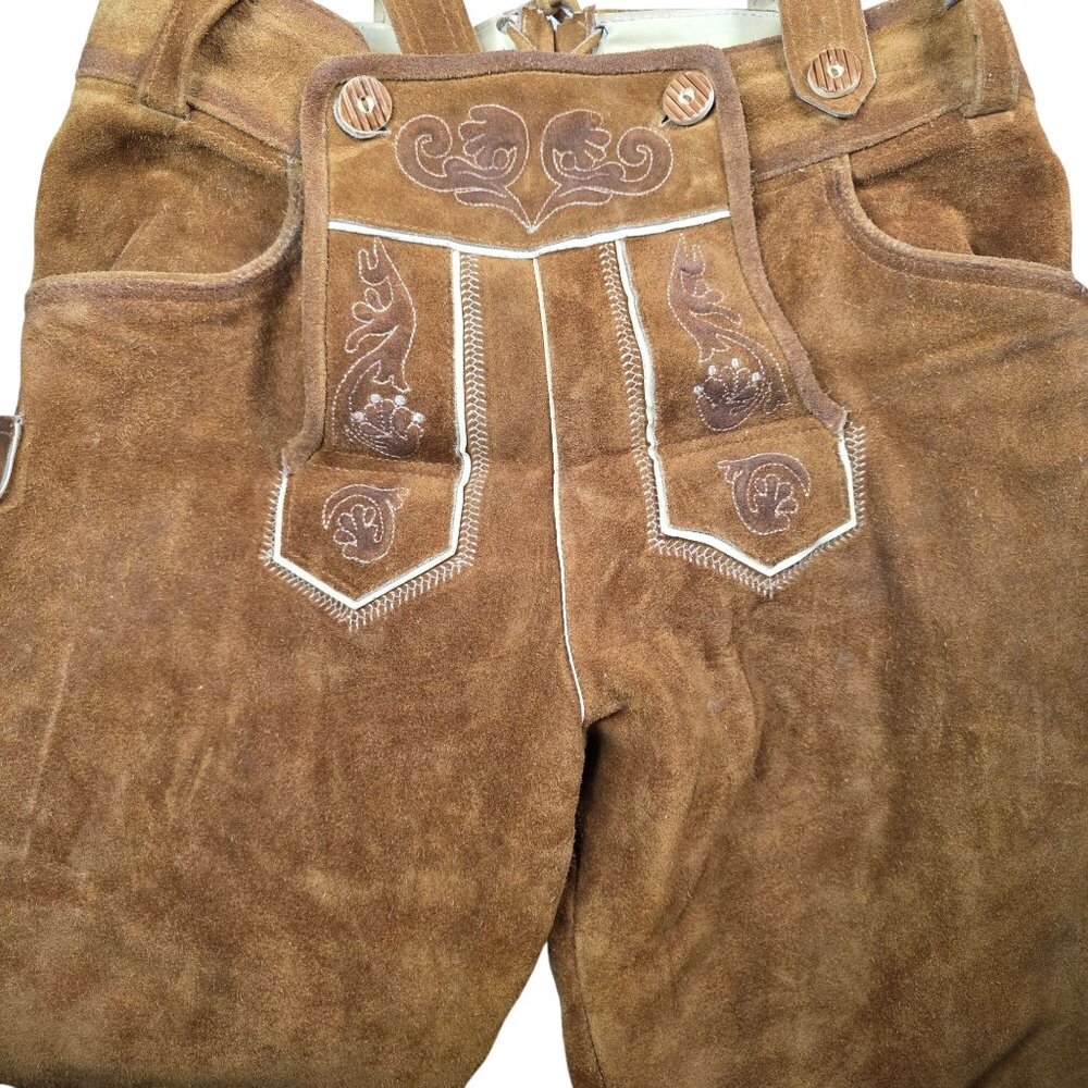Vintage German Lederhosen With Embroidered Detailing & Suspenders